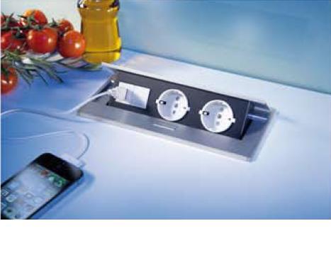 Versenkbare Tischsteckdose mit USB & Klappdeckel, 2-fach Schuko – Thebo APS 11 USB (17116)
