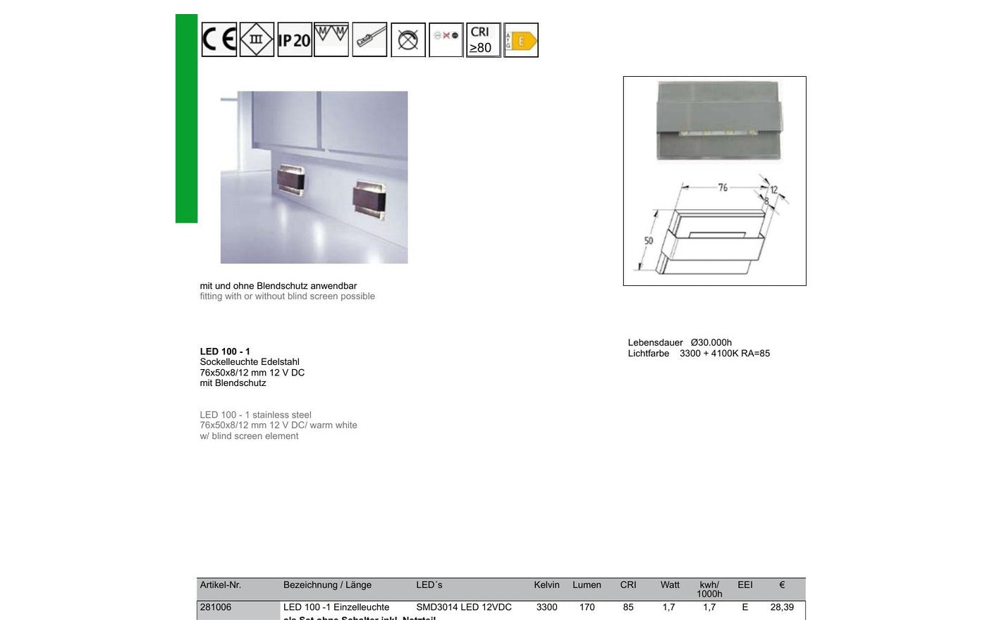 Thebo LED 100-1 Edelstahl-Sockelleuchte mit Blendschutz