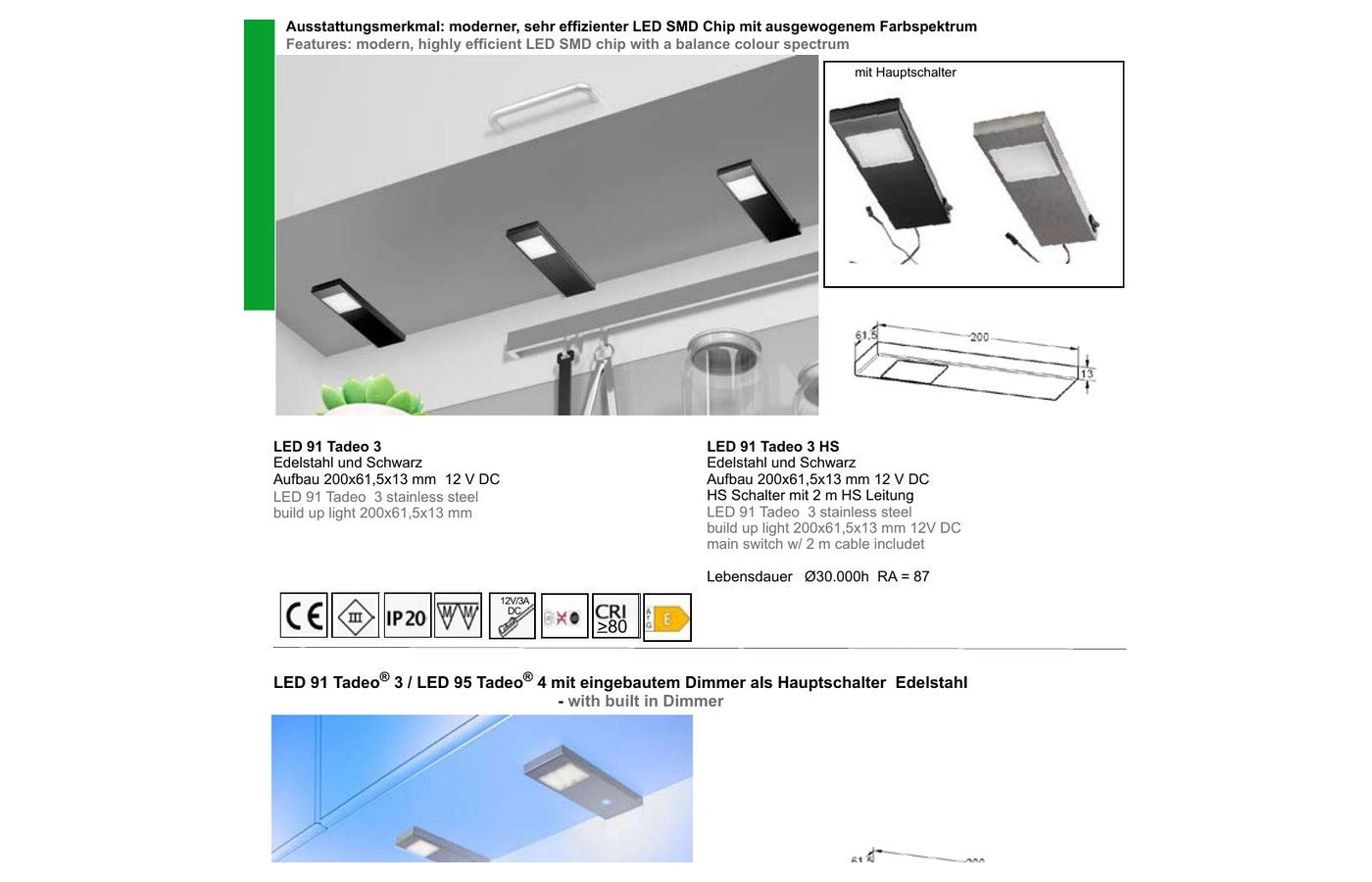 Thebo LED 91 und LED 95 Tadeo Unterbauleuchten mit Schalter und Dimmer