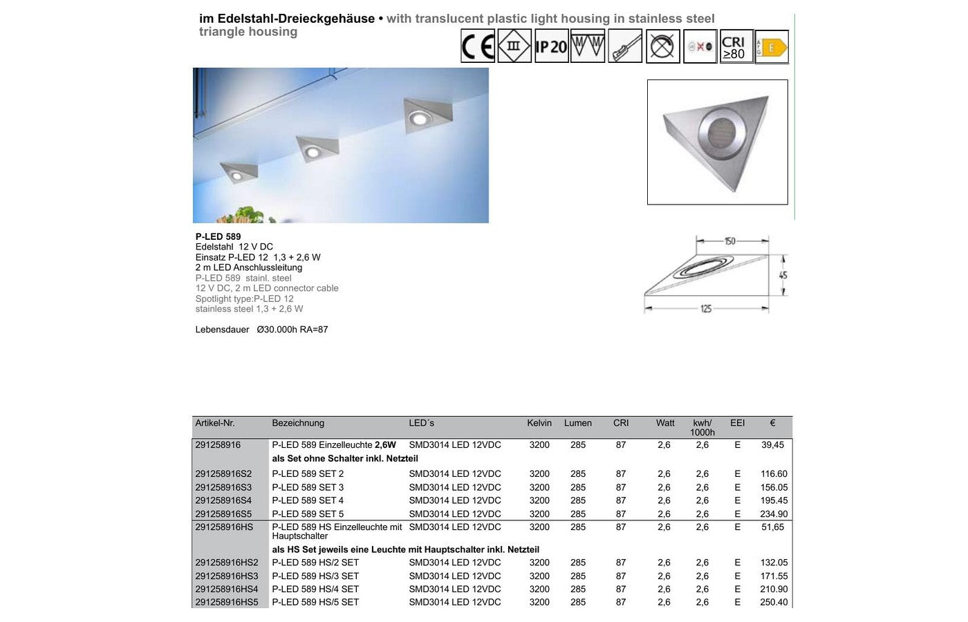 Thebo P-LED 589 Edelstahl-Dreieckleuchte