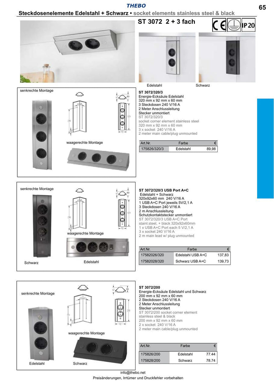 Thebo ST 3072/320/3 Energie-Ecksäule Schwarz mit USB-A+C – Produktabbildung