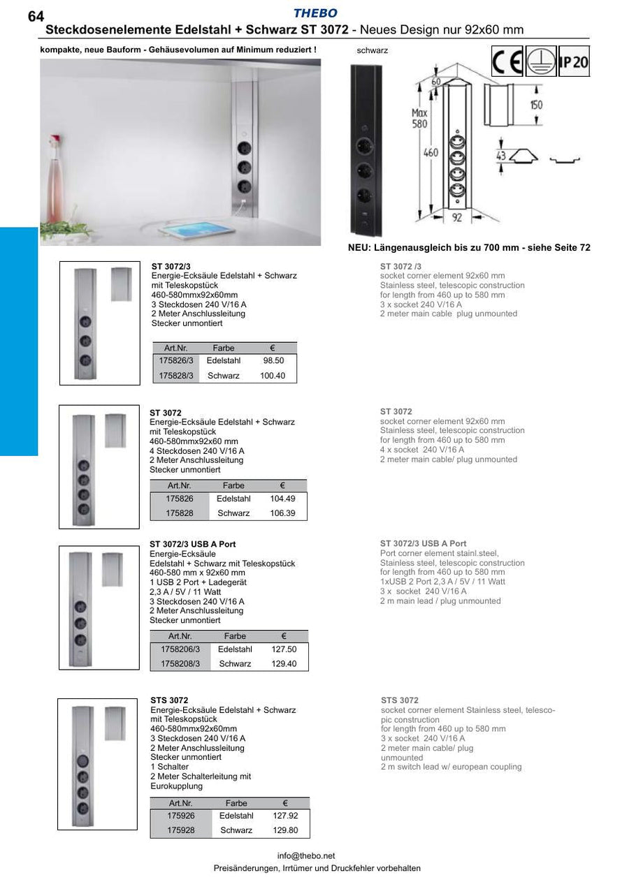 Thebo ST 3072/3 Energie-Ecksäule Schwarz mit drei Steckdosen – Produktabbildung