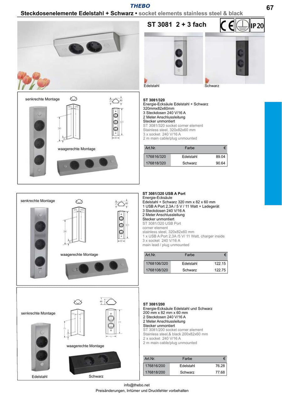 Thebo ST 3081/320 Energie-Ecksäule Schwarz mit USB-A – Produktabbildung