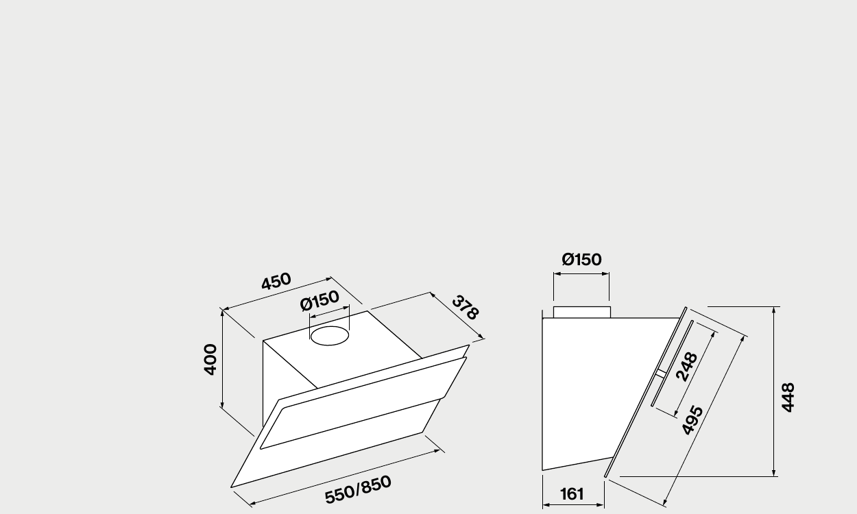Falmec Verso Easy Maßzeichnung für 55 und 85 cm