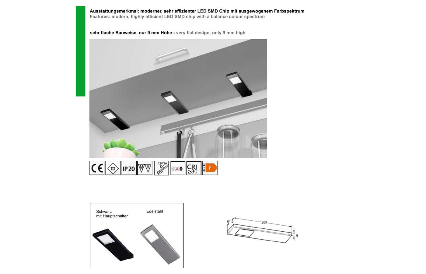 Thebo LED 91 Tadeo 6 Unterbauleuchte in Edelstahl und Schwarz