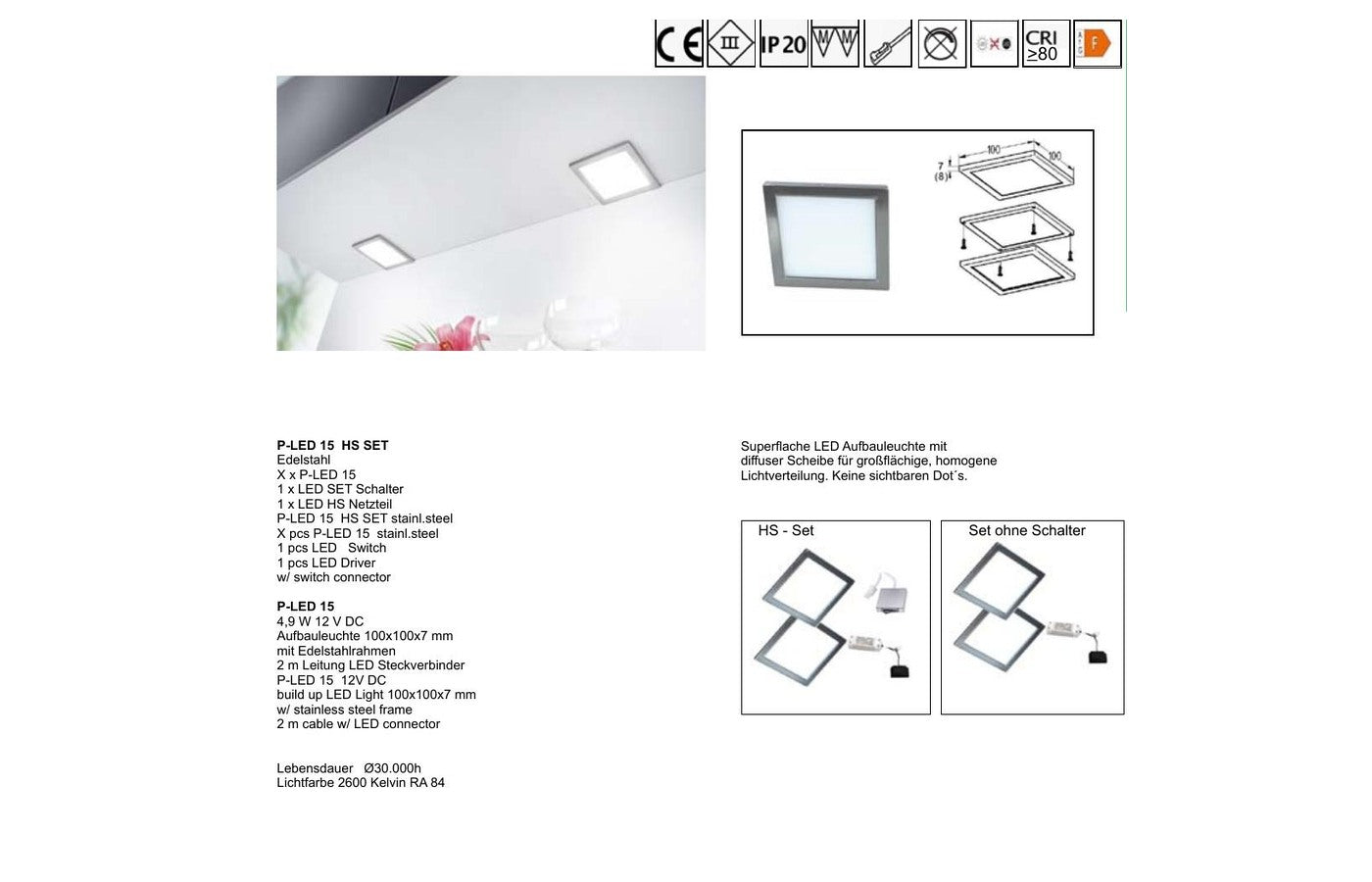 Thebo P-LED 15 Paneelleuchte mit Edelstahlrahmen