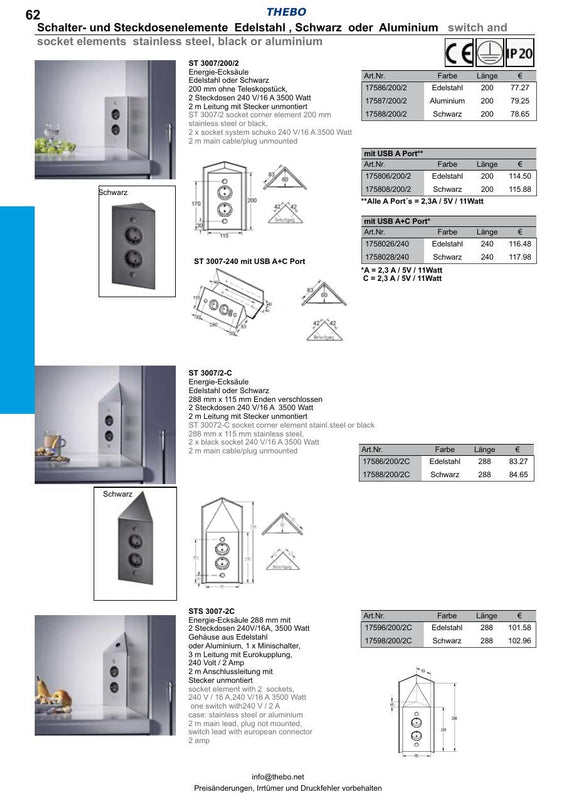 Thebo ST 3007/240 Edelstahl mit USB-A+C – technische Produktabbildung