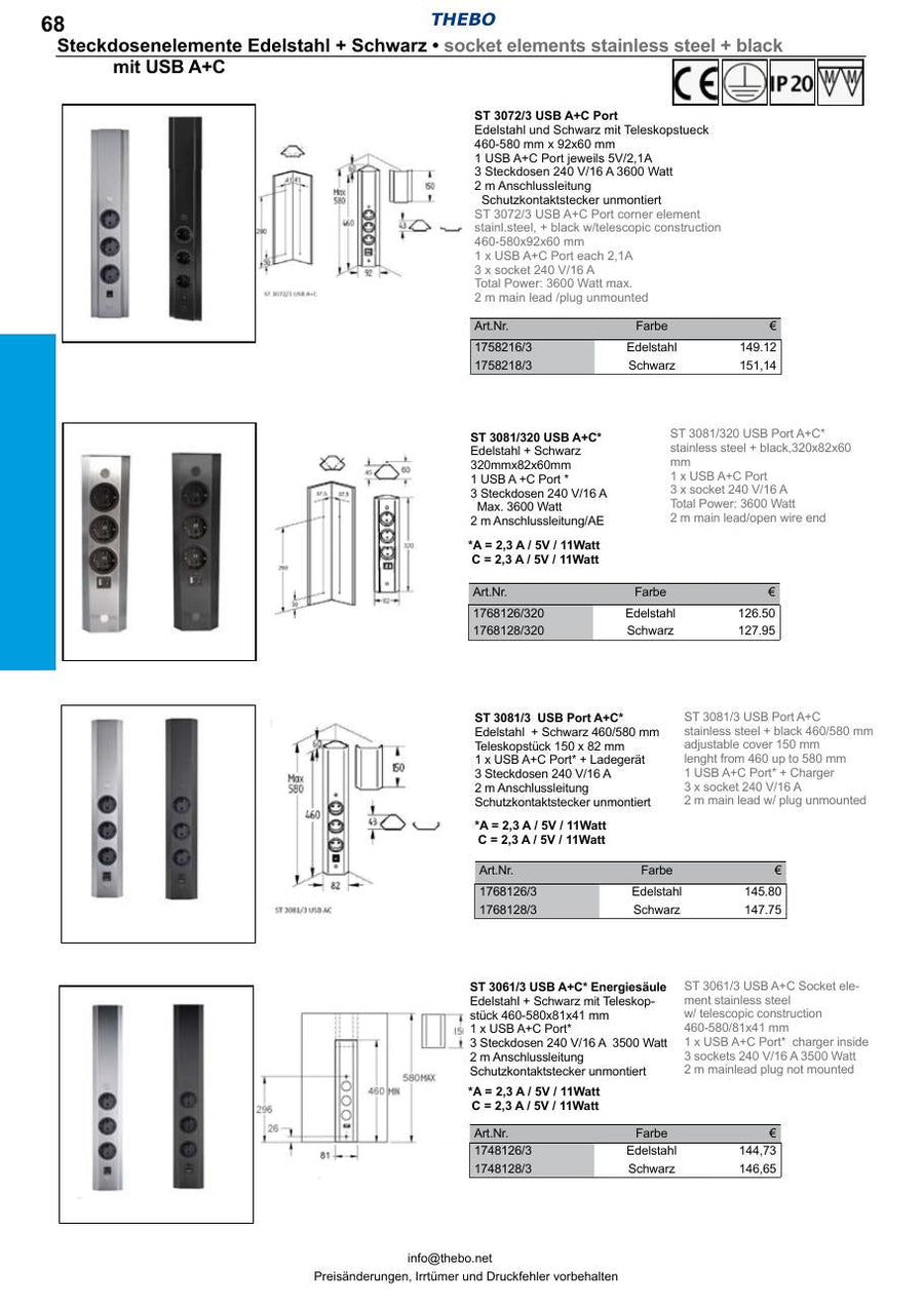 Thebo ST 3081/3 Energie-Ecksäule Edelstahl mit USB-A+C – Produktabbildung