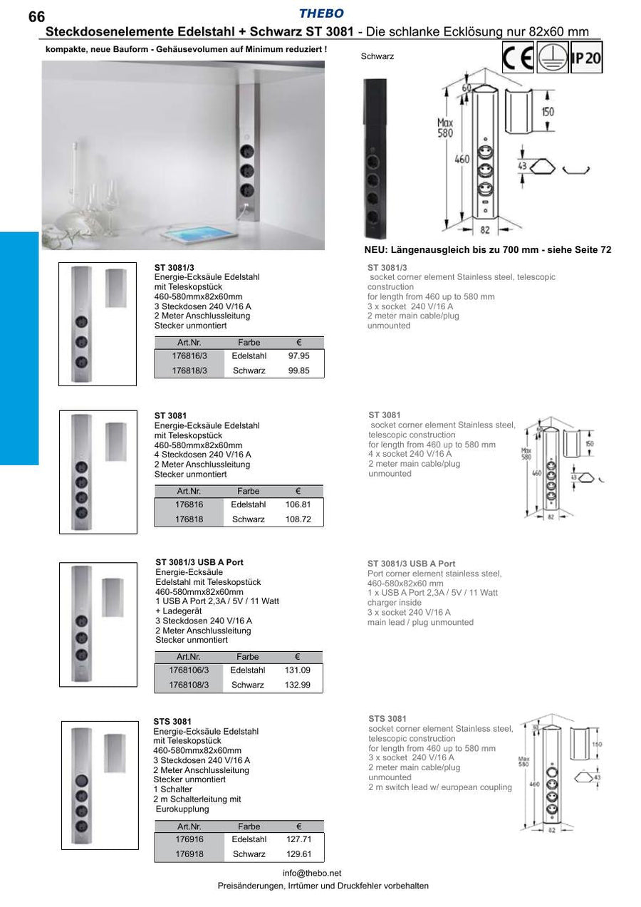 Thebo ST 3081 Energie-Ecksäule Schwarz mit vier Steckdosen – Produktabbildung